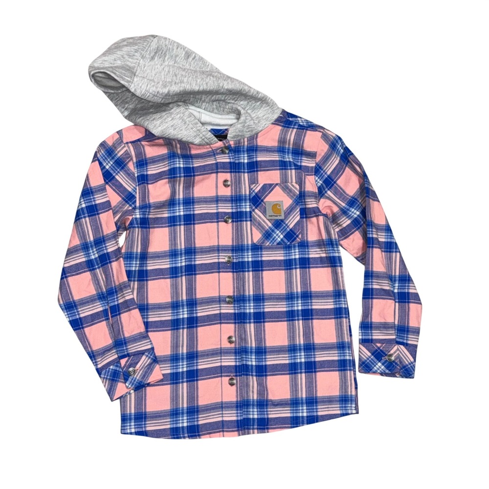 Carhartt Hooded Flannel Shirt Girls Size S 8 Peach Amber Blue Plaid Excellent